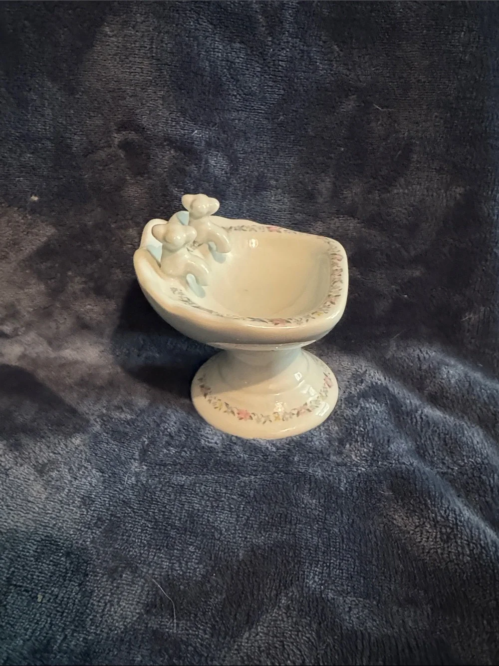 White Ceramic Pedestal Soap Dish with Pink Floral Trim